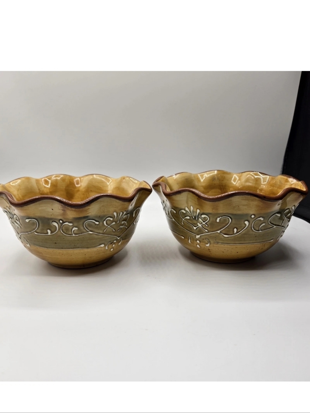 Pier 1 MAROMA Hand Painted Embossed Scrolls Ruffle Edge Bowls Set Of 2
